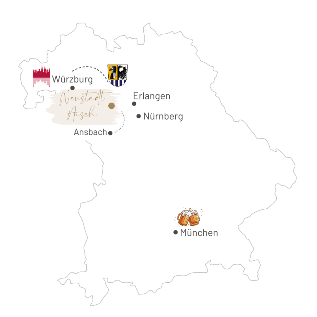 Karte von Bayern mit dem genauen Standort des Brautmodeladens MARIAGE in Neustadt Aisch